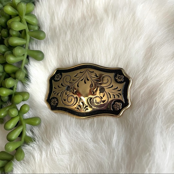 Belt Buckle Floral Gold & Black Rodeo Western - Picture 2 of 5